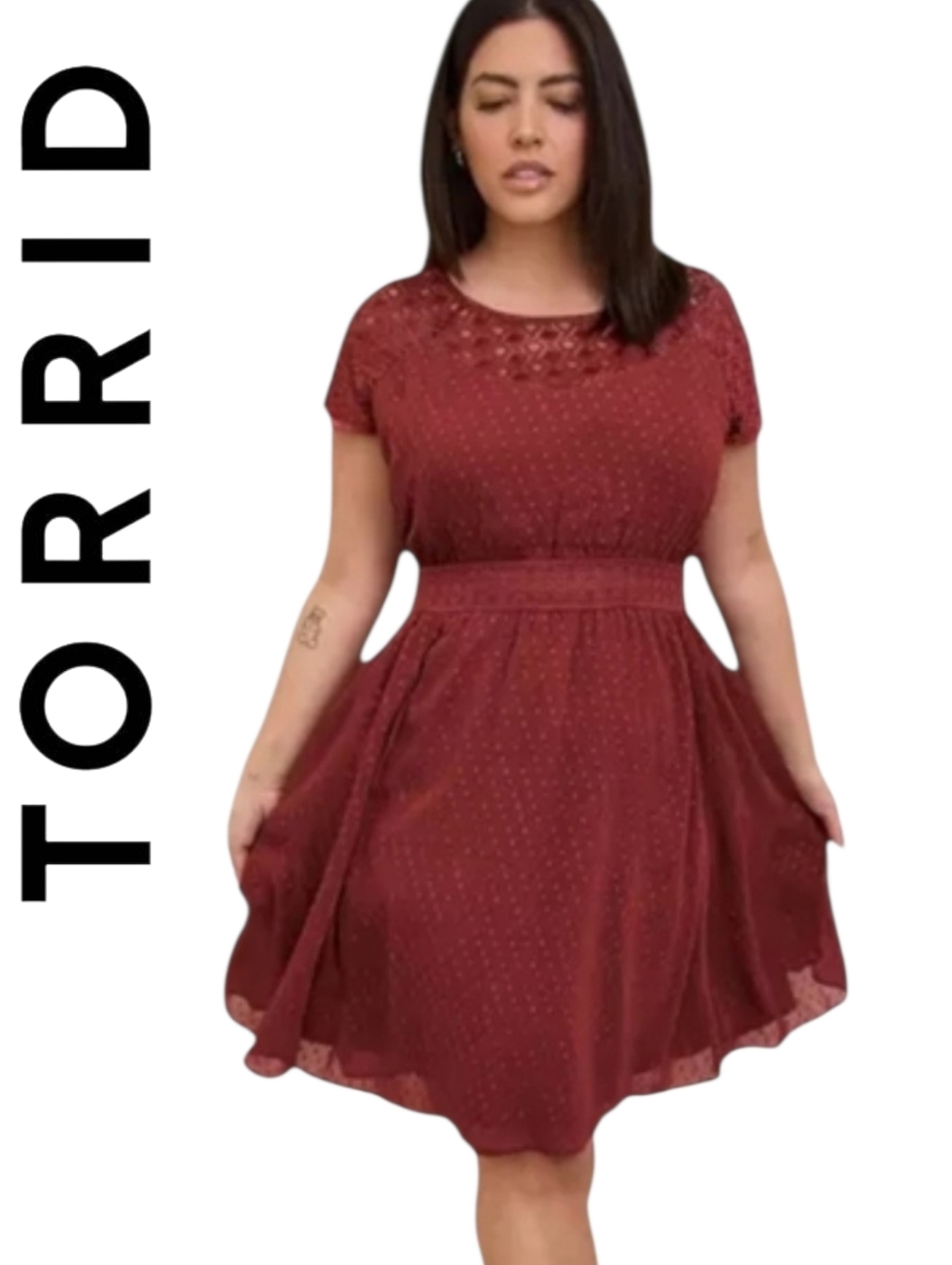 Torrid Midi Clip Dot Sheer Overlay Crochet Lace Skater Dress Burgundy